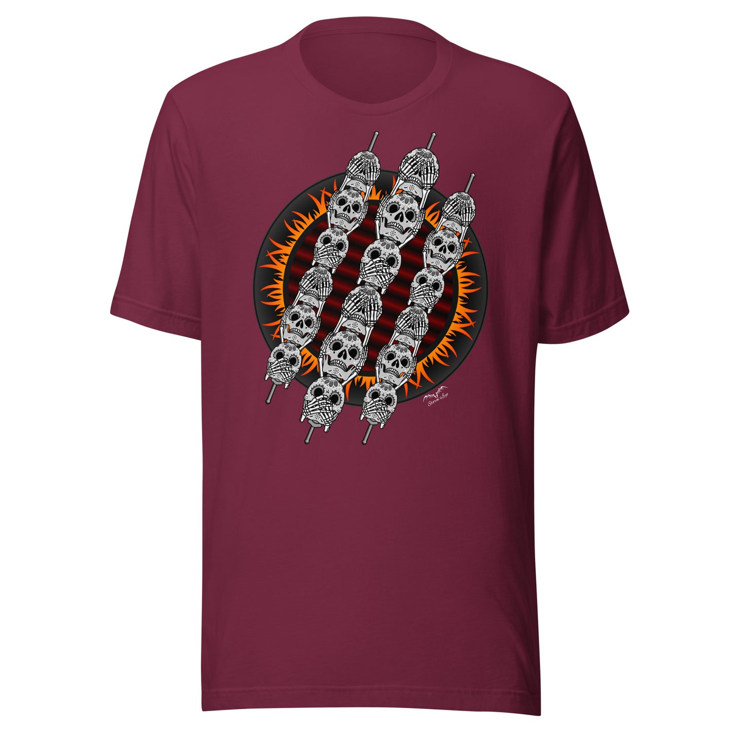 stormseye design skewer skulls gothic BBQ T shirt, modelled view maroon red