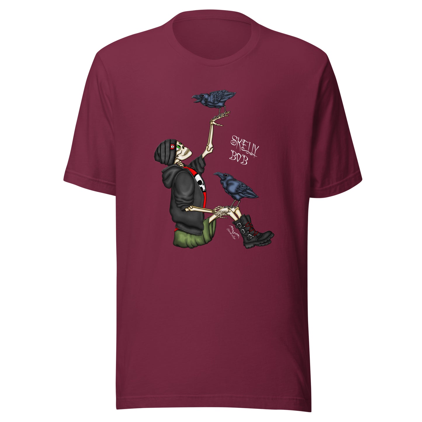 stormseye design rocker skeleton gothic T shirt, flat view maroon red