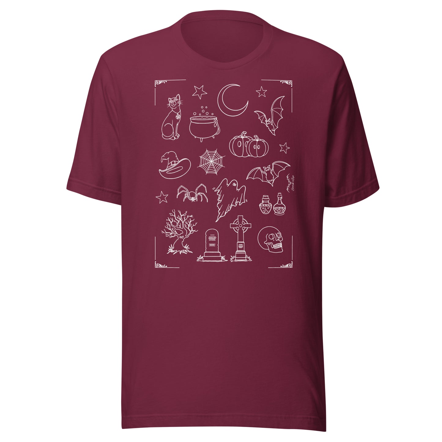 stormseye design halloween vibe spooky T shirt flat view maroon red