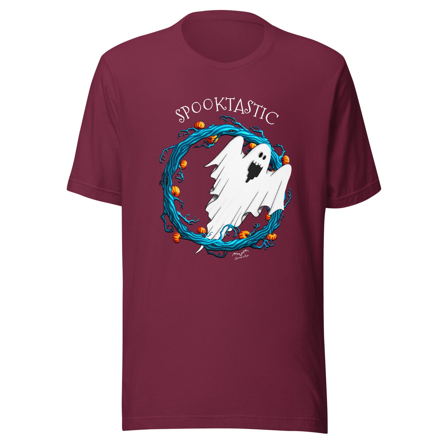 stormseye design halloween ghost spooktastic T shirt flat view maroon red