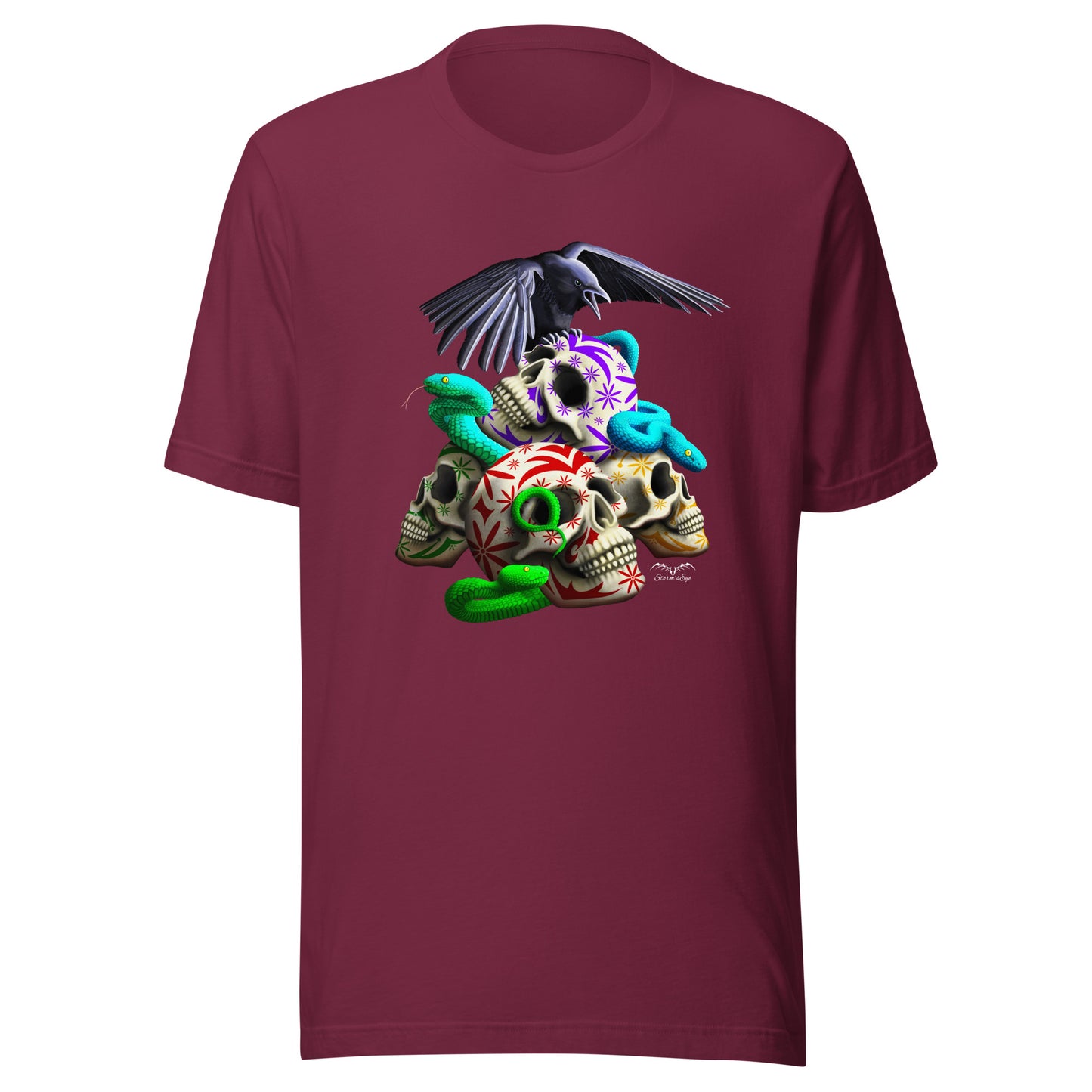 stormseye design gothic sugar skulls and snakes T shirt flat view maroon red