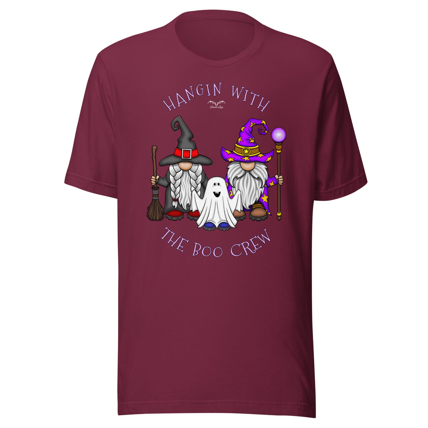 stormseye design boo crew halloween gnomes T shirt flat view maroon red
