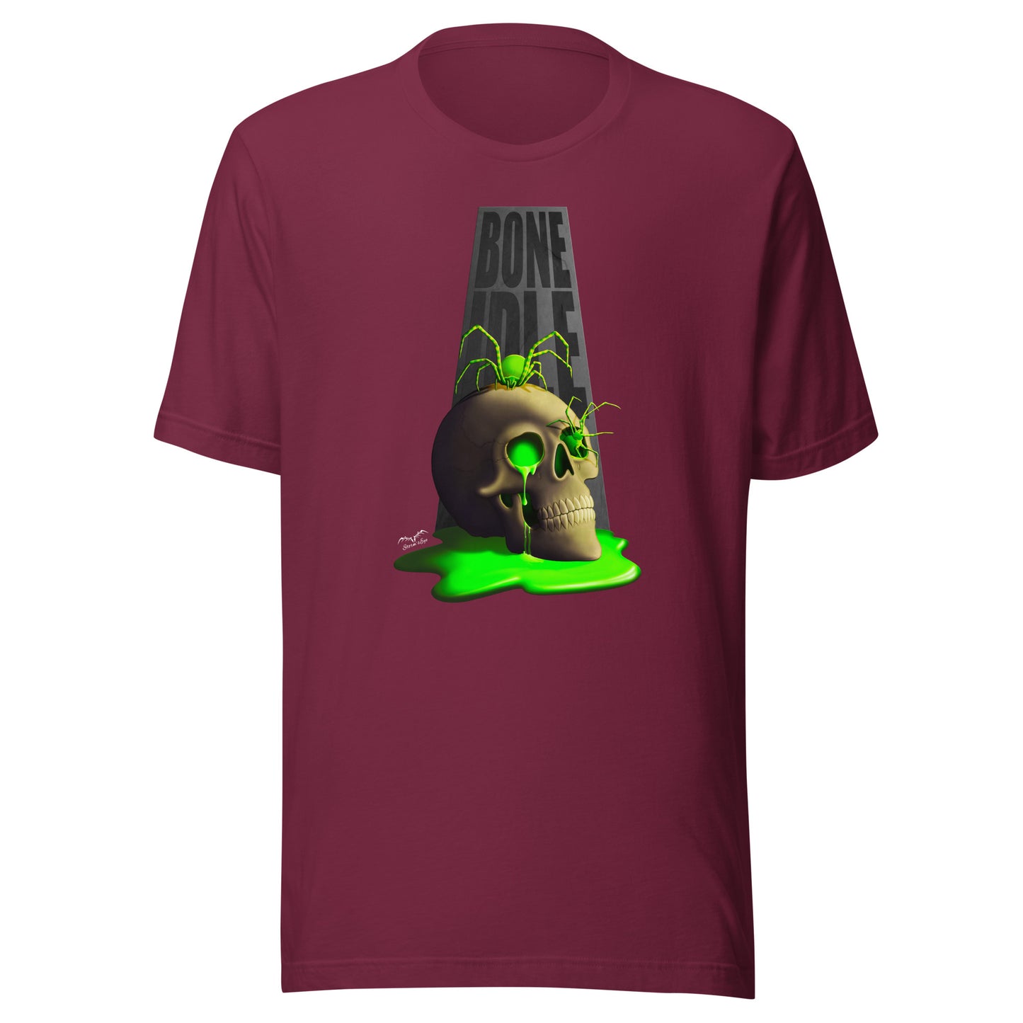 stormseye design bone idle skull and spiders T shirt flat view maroon red