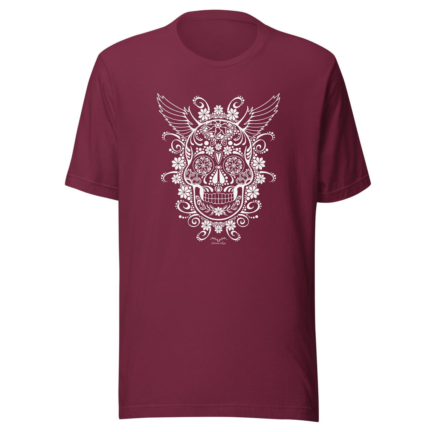 stormseye design gothic sugar skull T shirt flat view maroon red