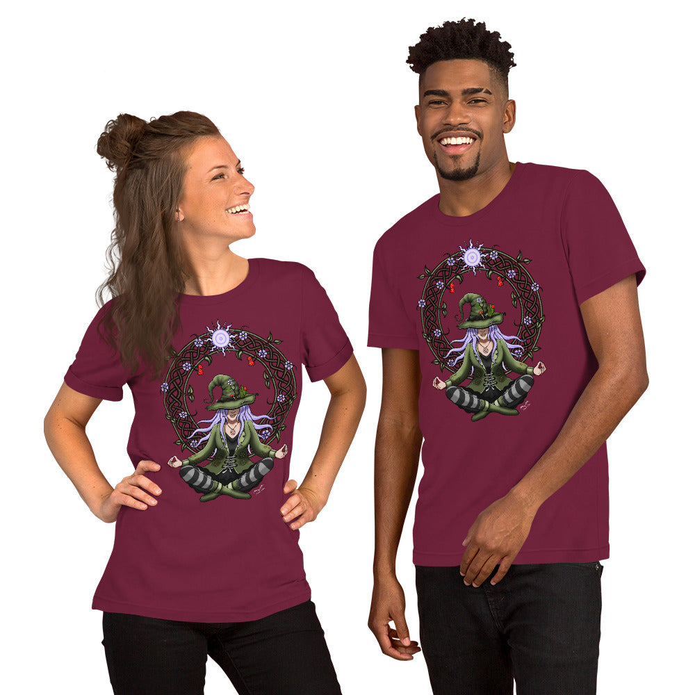 stormseye design hedge witch T shirt, modelled view maroon red