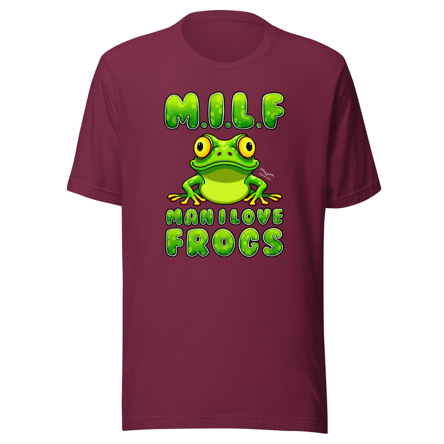 stormseye design milf man i love frogs T shirt, flat view maroon