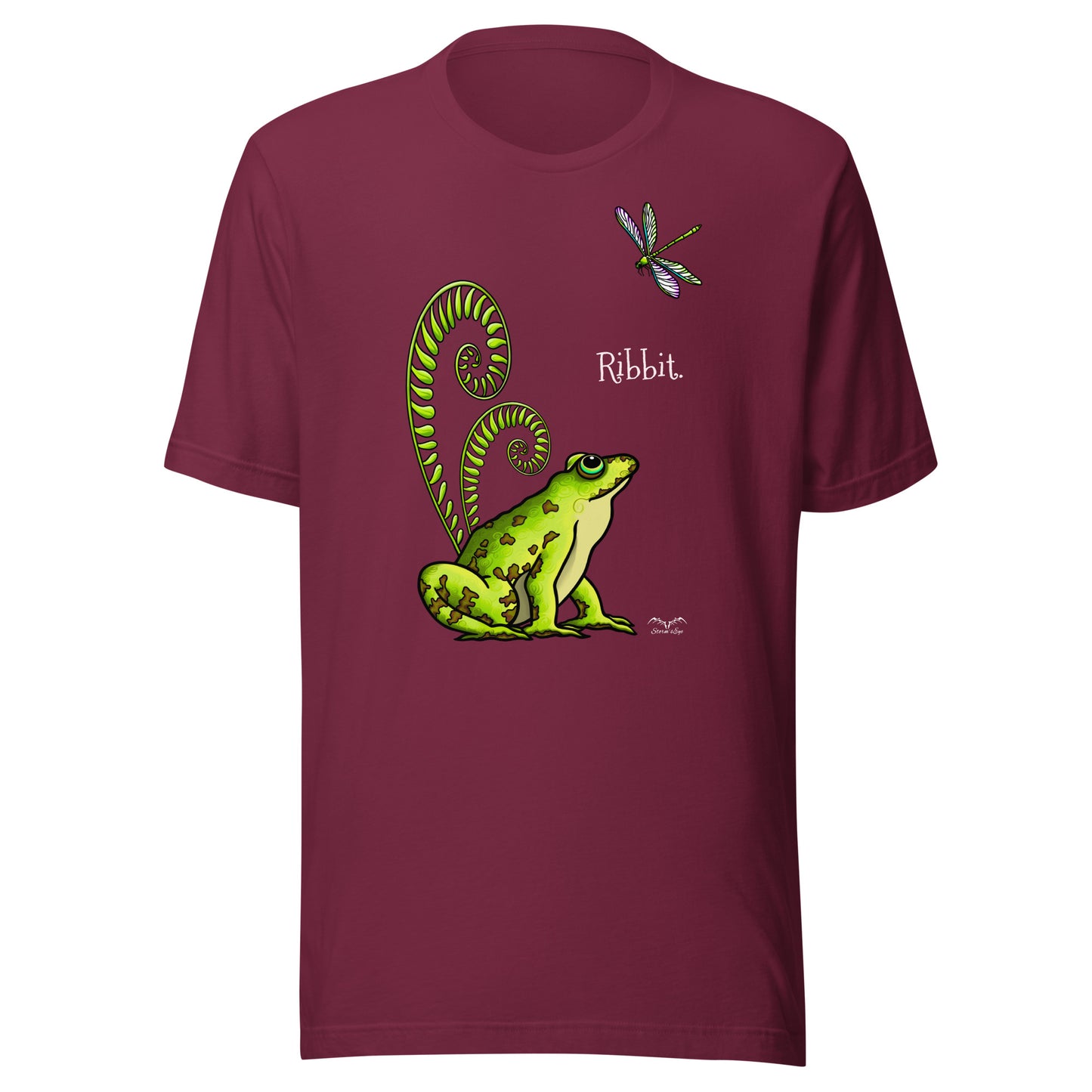 stormseye design pretty frog dragonfly T shirt, flat view maroon