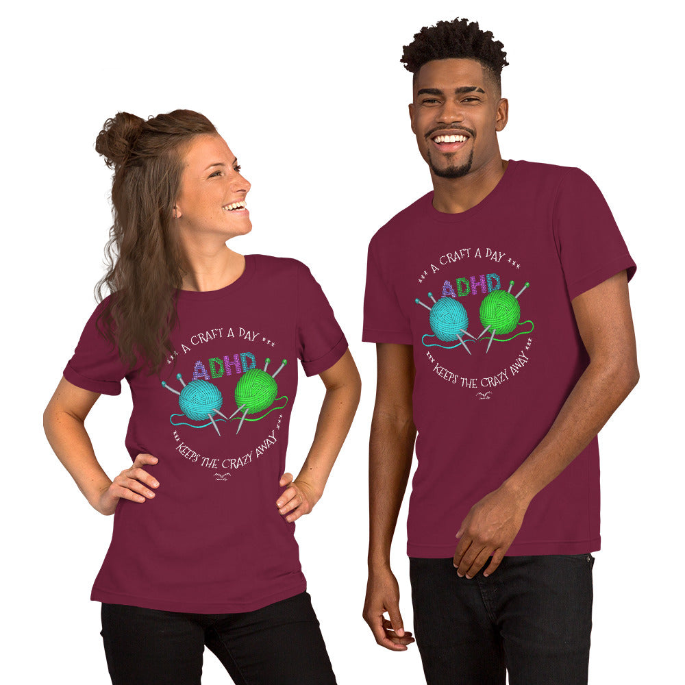 ADHD Crafting T-shirt by Stormseye. wine red, modelled view