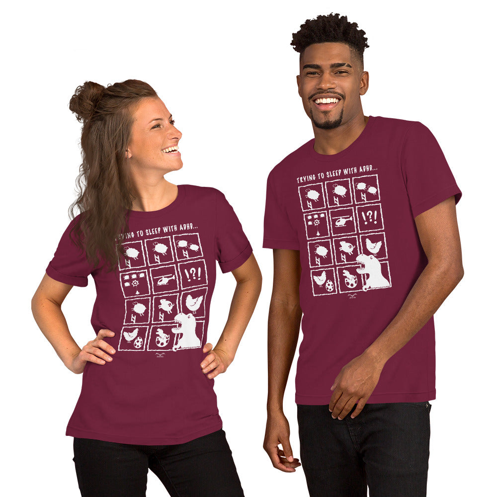 ADHD insomnia t-shirt by Stormseye, wine red, modelled view