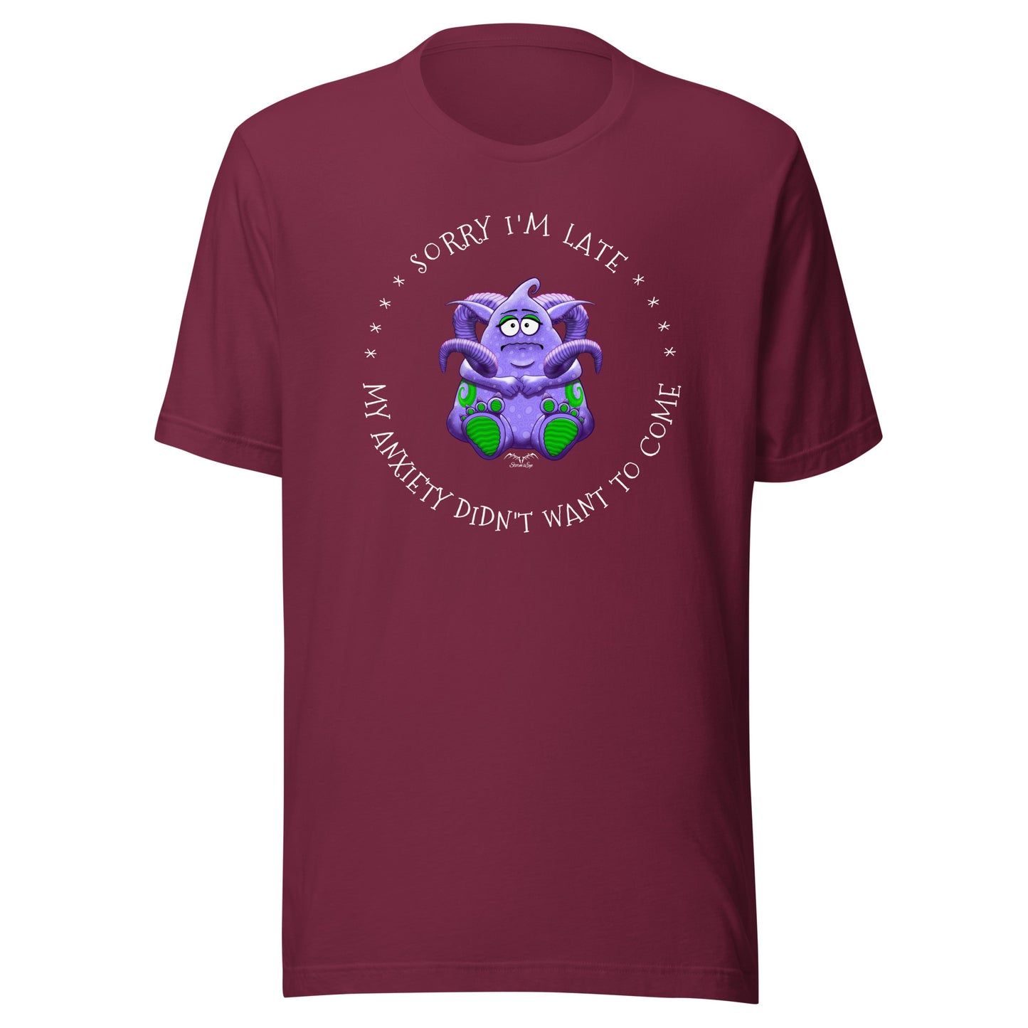 Anxiety Monster T-shirt by Stormseye. wine red