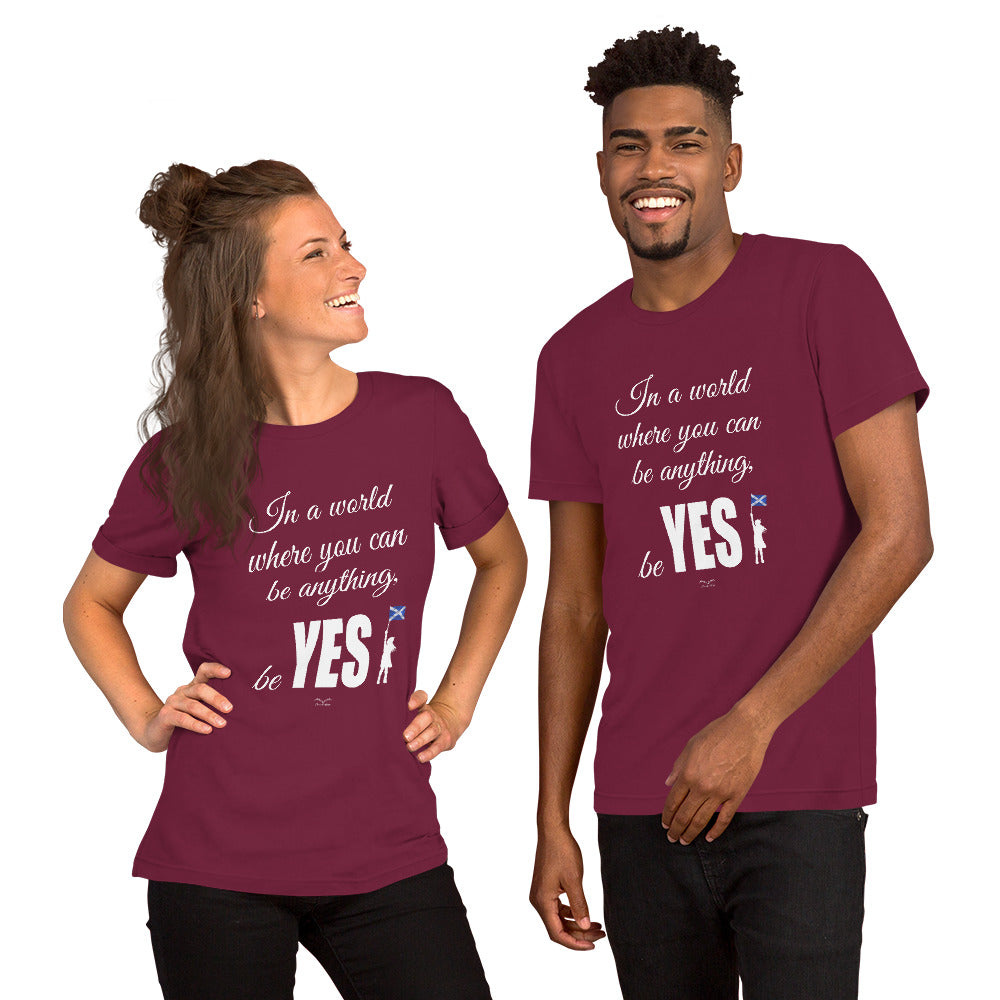 Be Yes Scottish Independence shirt by Stormseye, wine red, modelled view