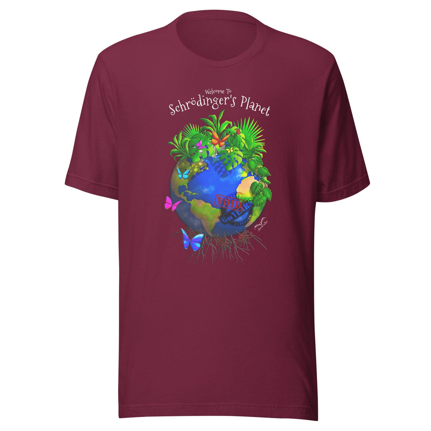 Schrodinger's Planet climate change shirt by Stormseye, wine red