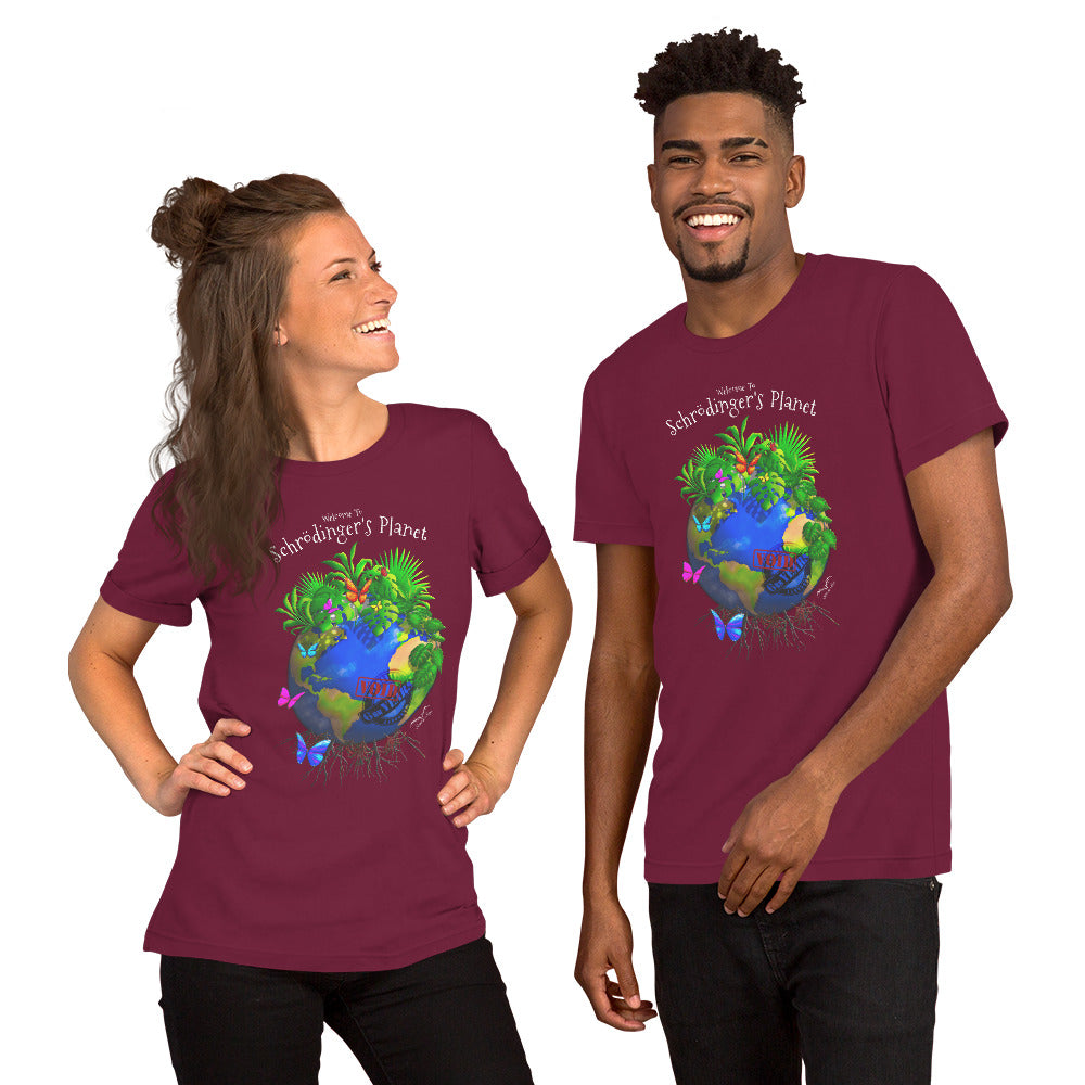 Schrodinger's Planet climate change shirt by Stormseye, wine red, modelled view