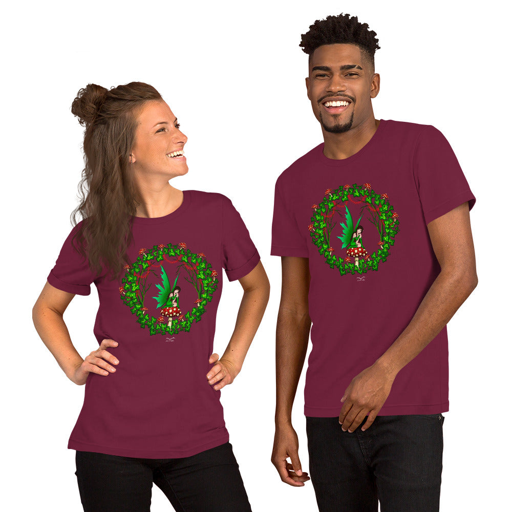 Mushroom Fairy shirt by Stormseye, wine red, modelled view