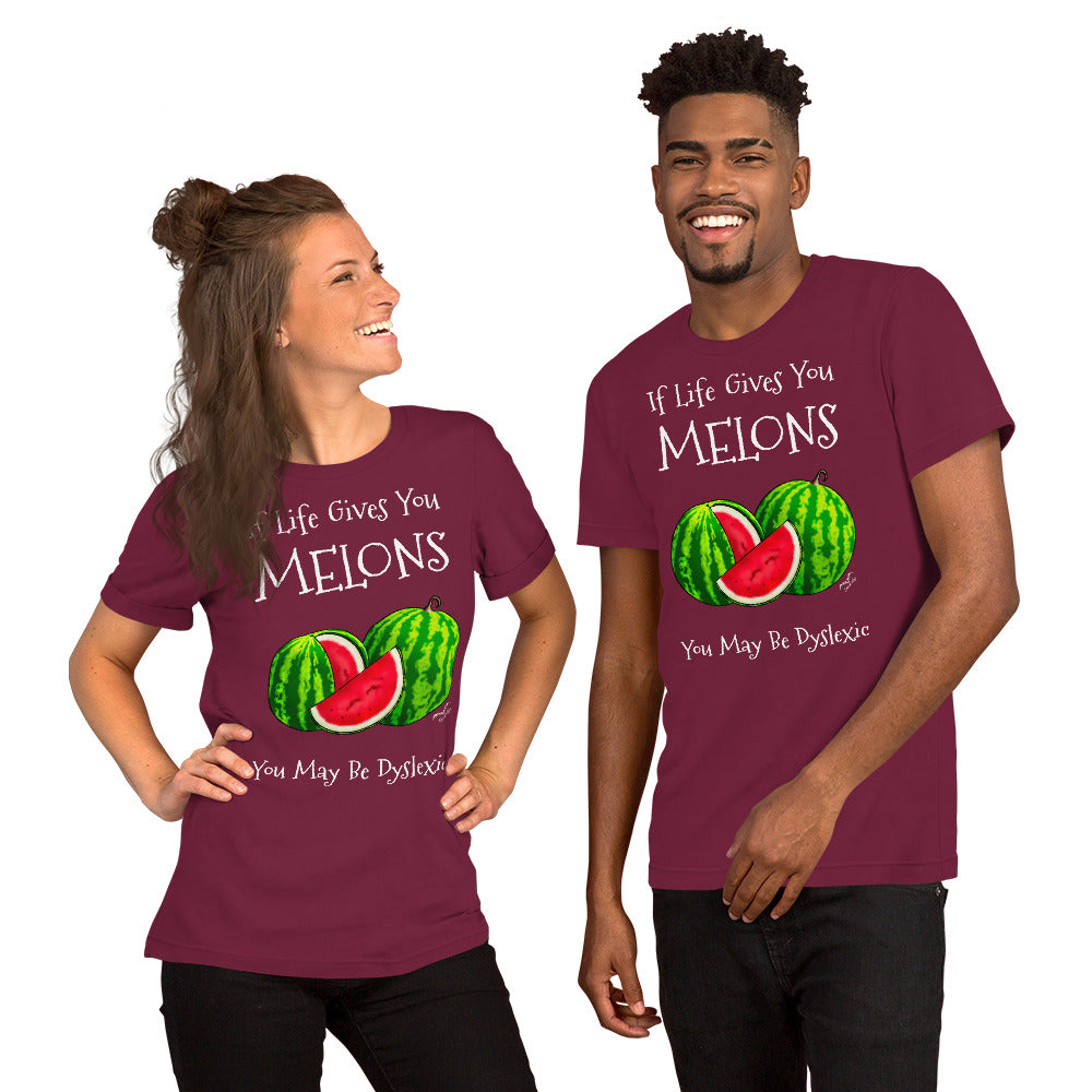 Dyslexia melons T-shirt by Stormseye, wine red, modelled view