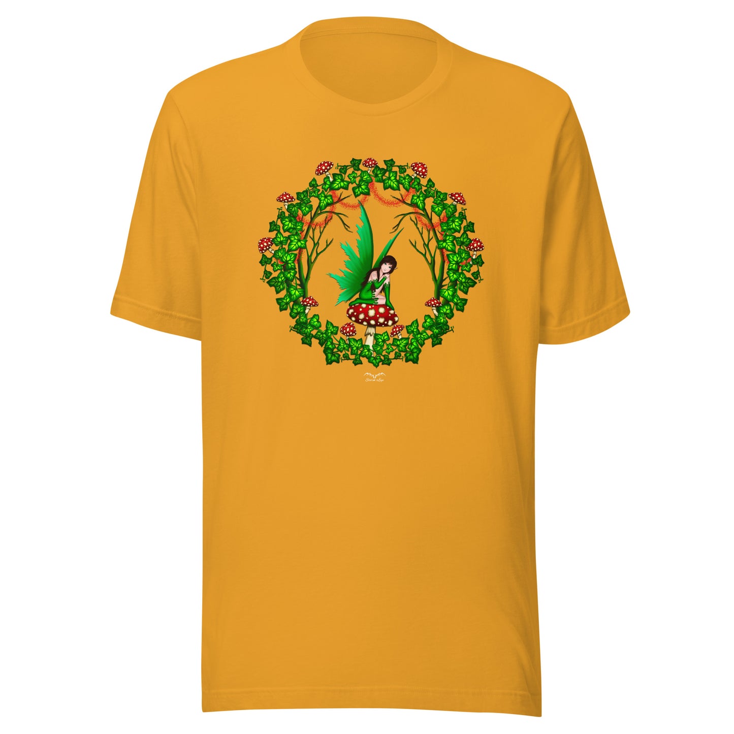 mushroom fairy cottage core t-shirt yellow, by stormseye design