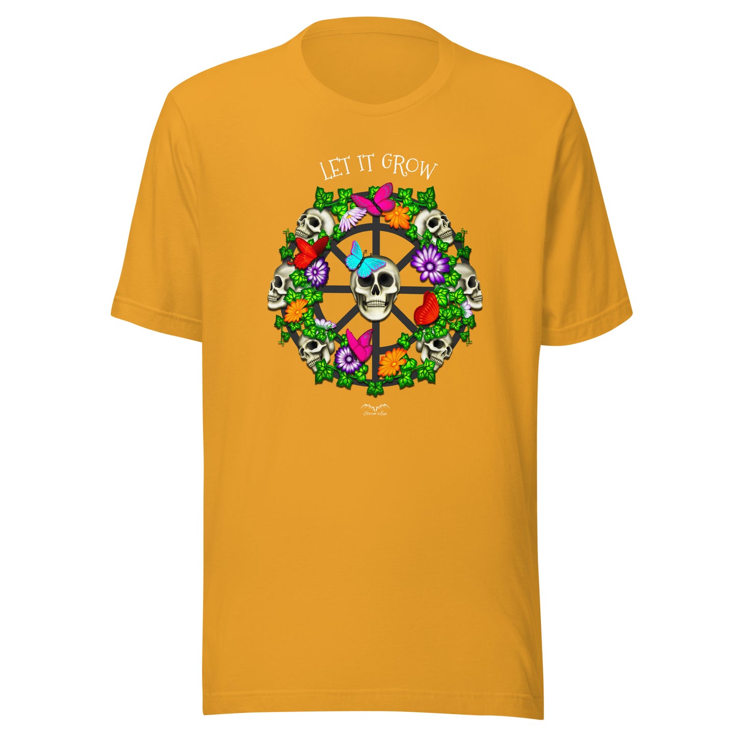 stormseye design skulls and flowers gothic T shirt, flat view mustard yellow