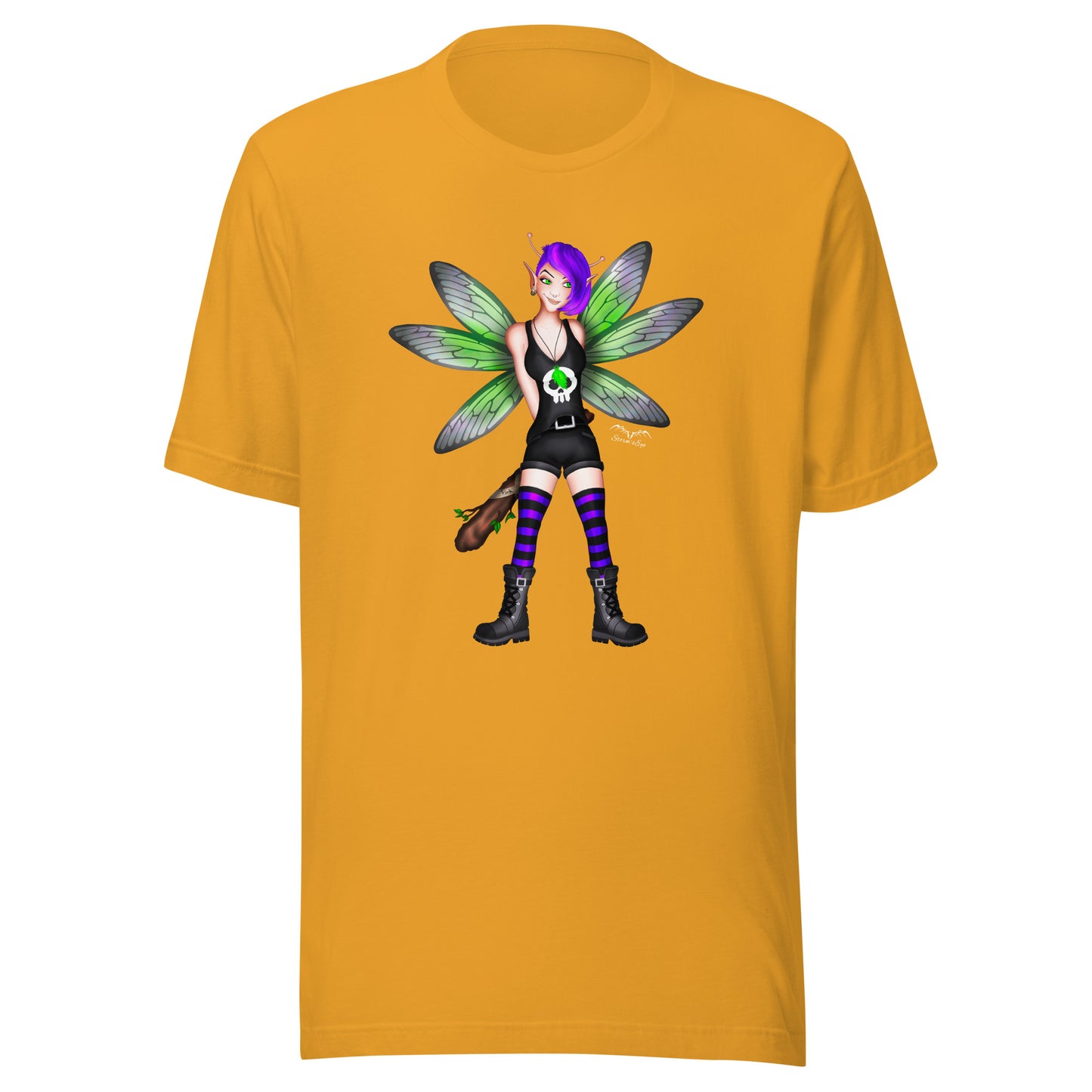 stormseye design rocker fairy fink T shirt, flat view mustard yellow