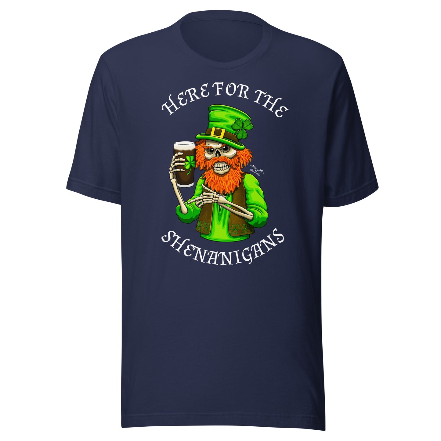 stormseye design st patricks day shenanigans T shirt, flat view navy blue