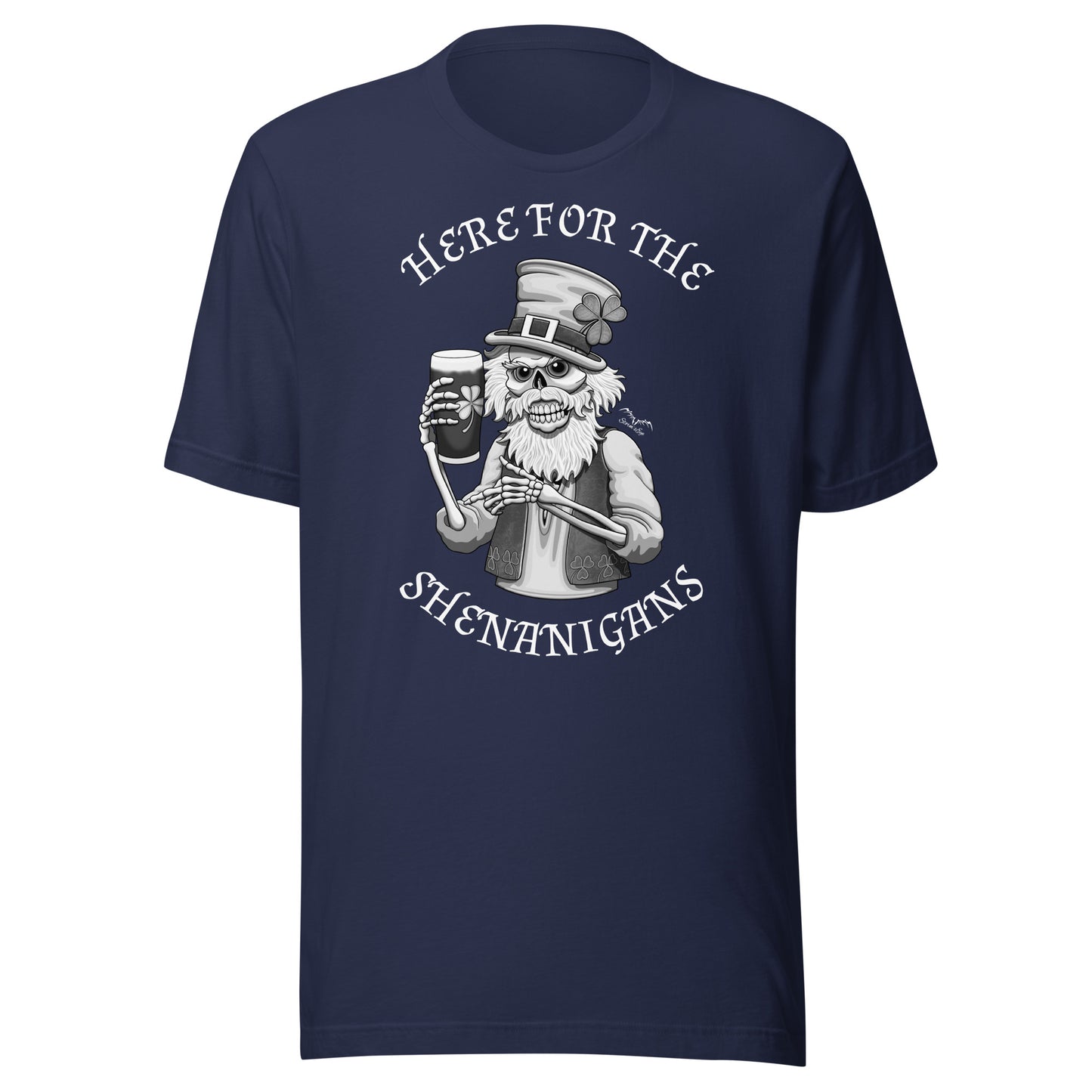 stormseye design shenanigans st patricks day T shirt, flat view navy blue