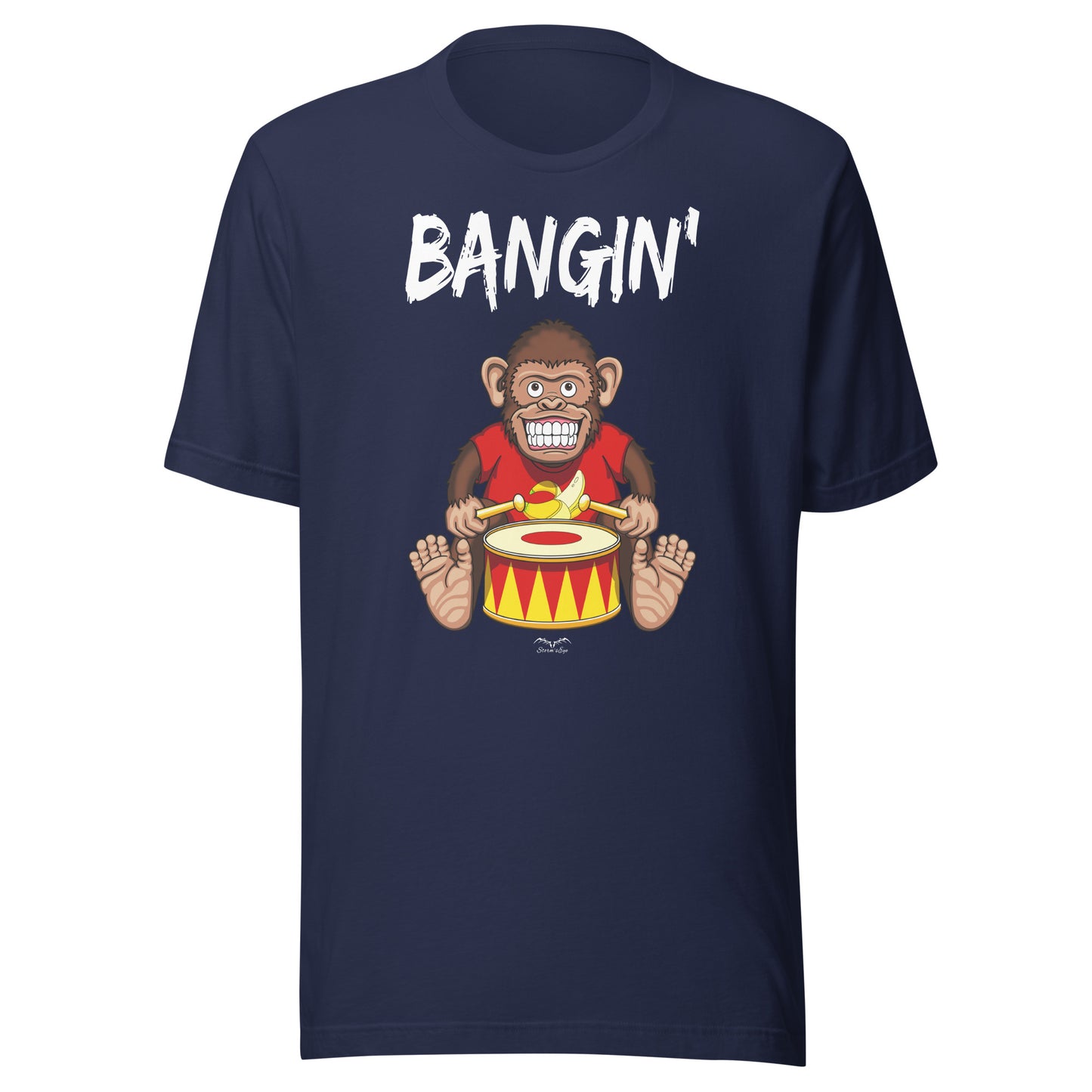 Bangin drummer monkey t-shirt, navy blue, by Stormseye Design