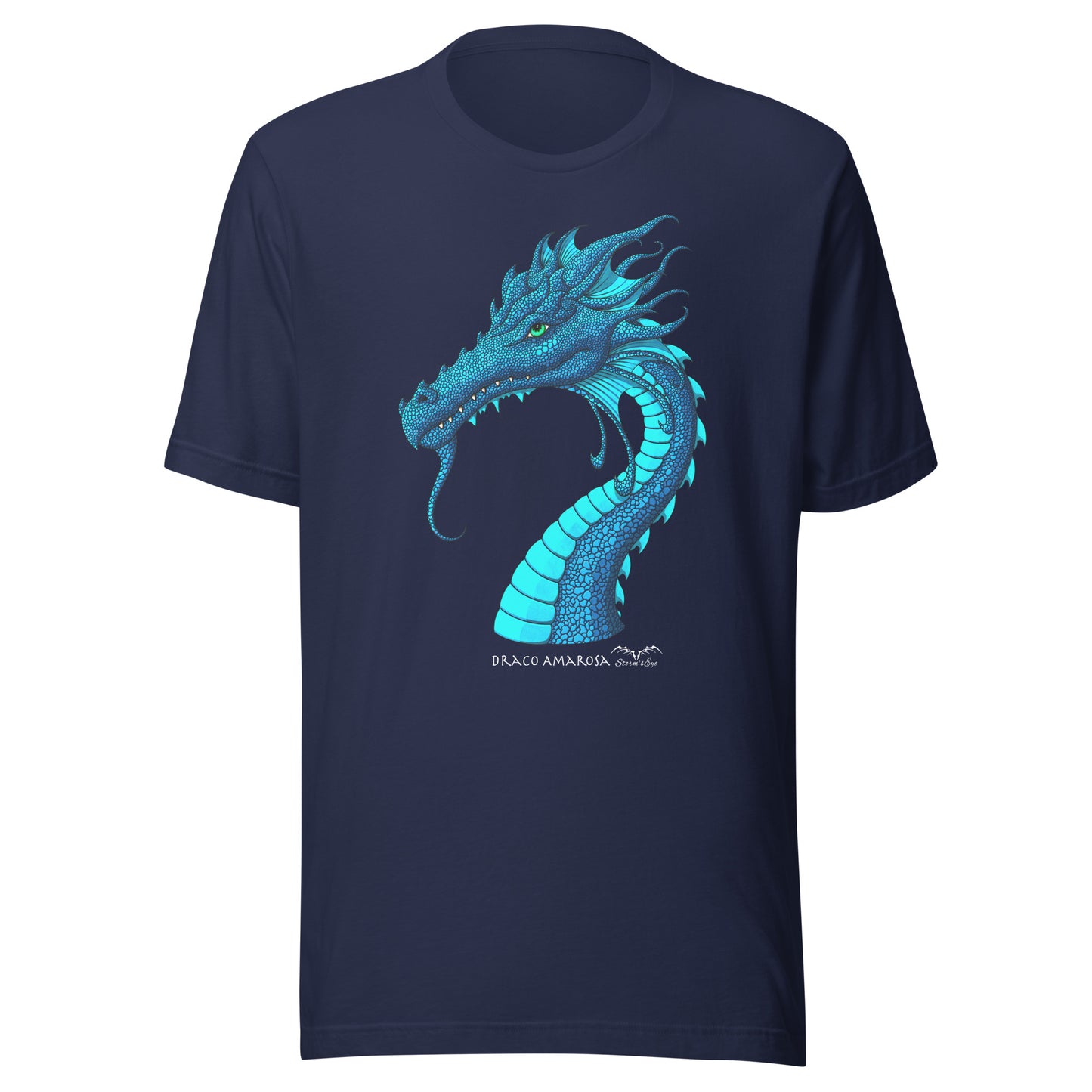 stormseye design amarosa dragon T shirt, flat view navy blue