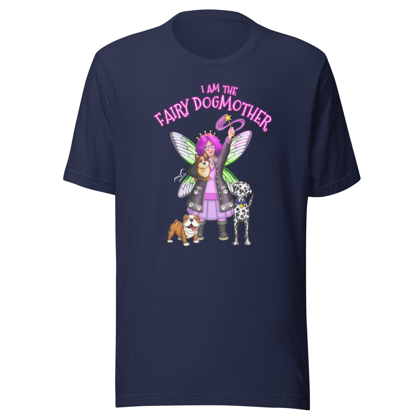 stormseye design fairy dog mother T shirt, flat view navy