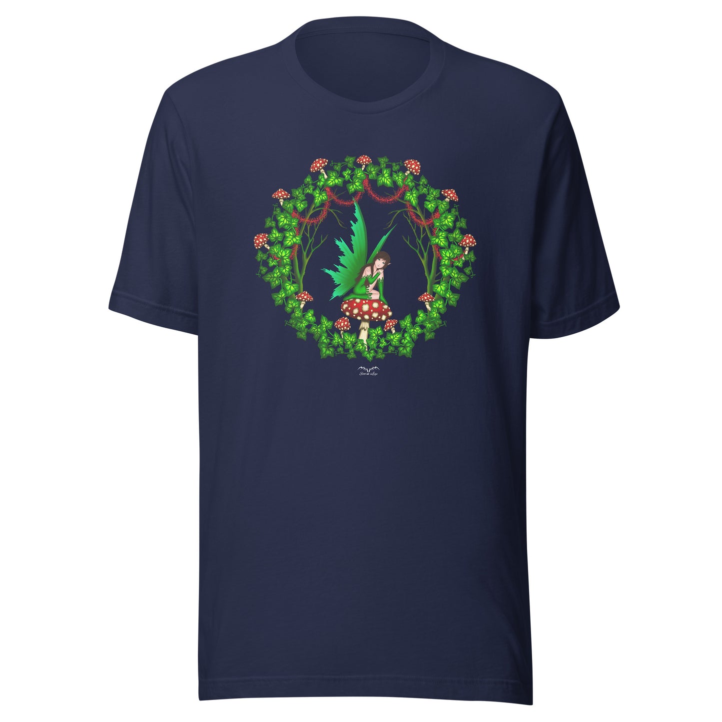 mushroom fairy cottage core t-shirt navy blue, by stormseye design