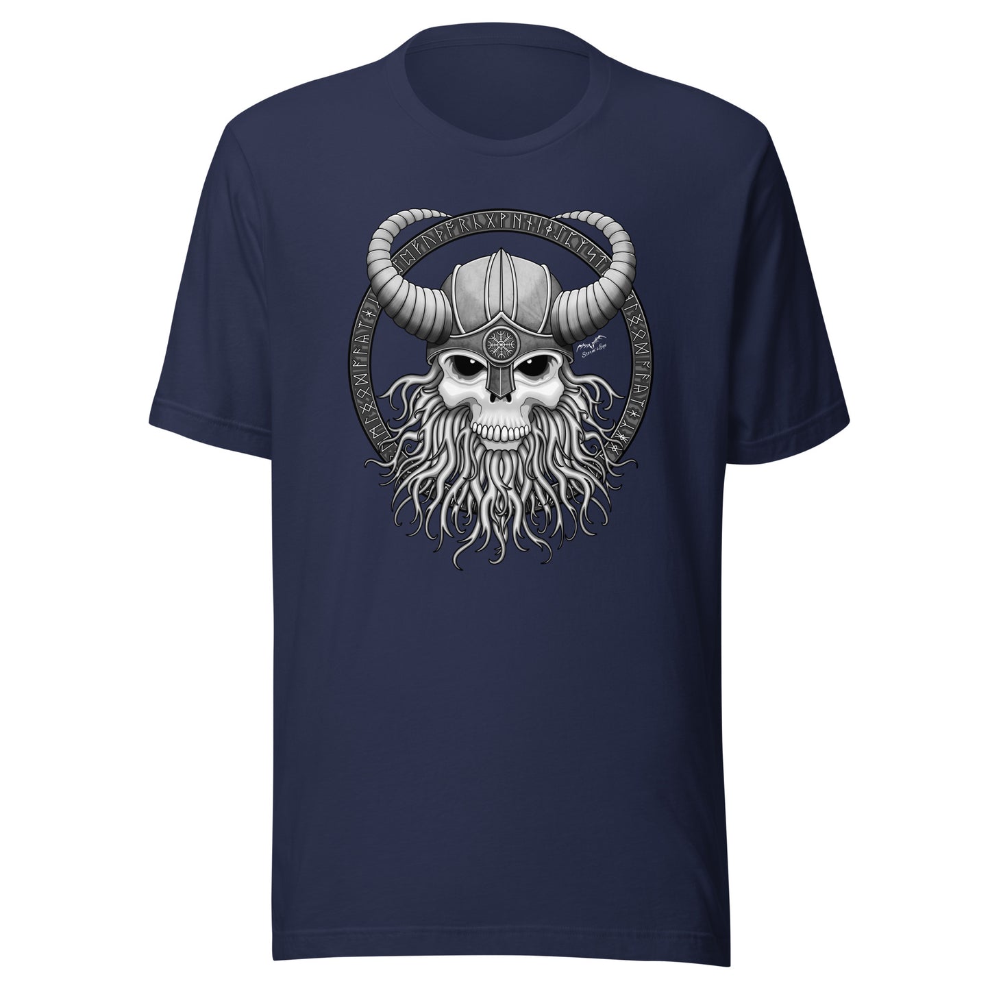 stormseye design viking skull runes T shirt, flat view navy