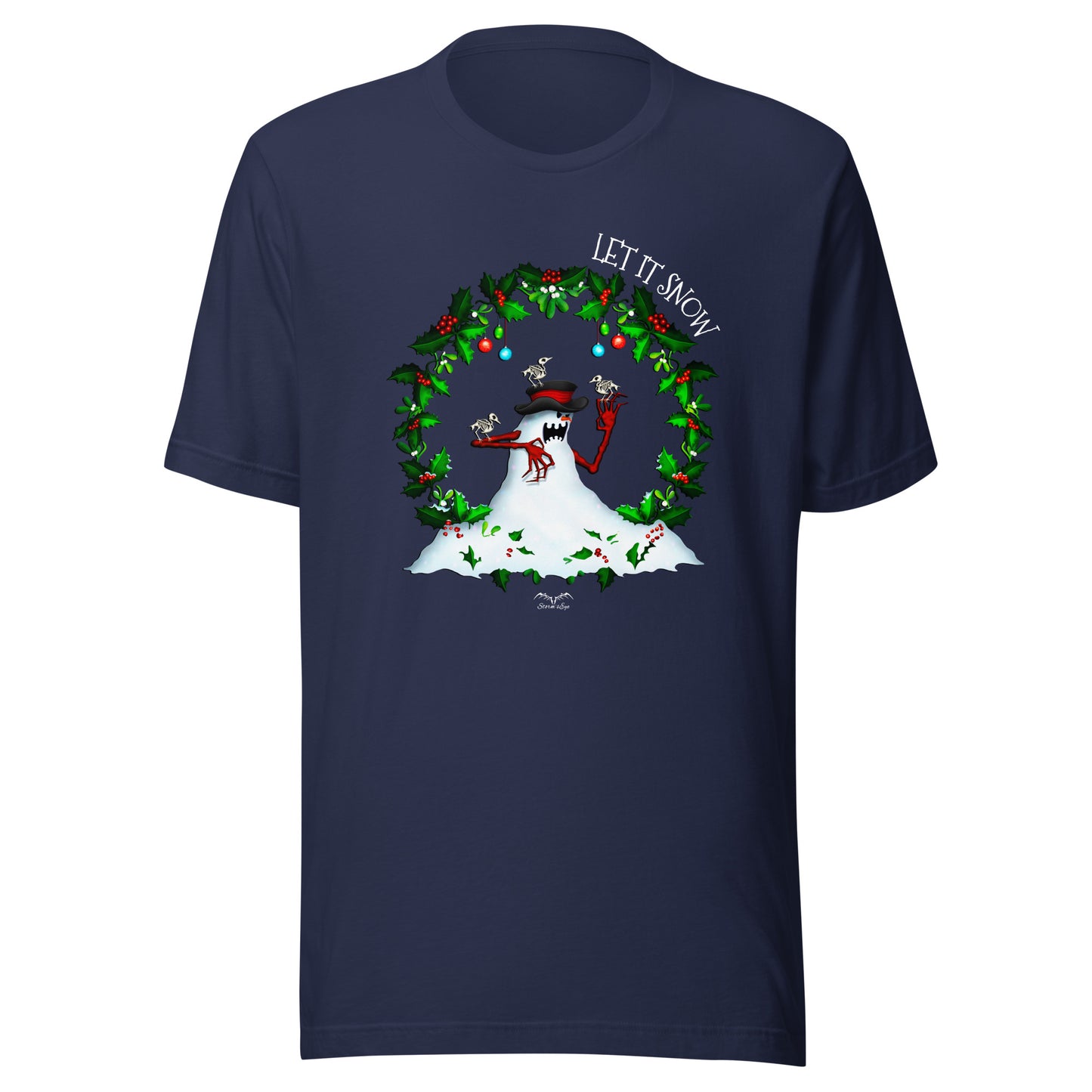 stormseye design evil snowman alternative christmas T shirt, flat view navy blue