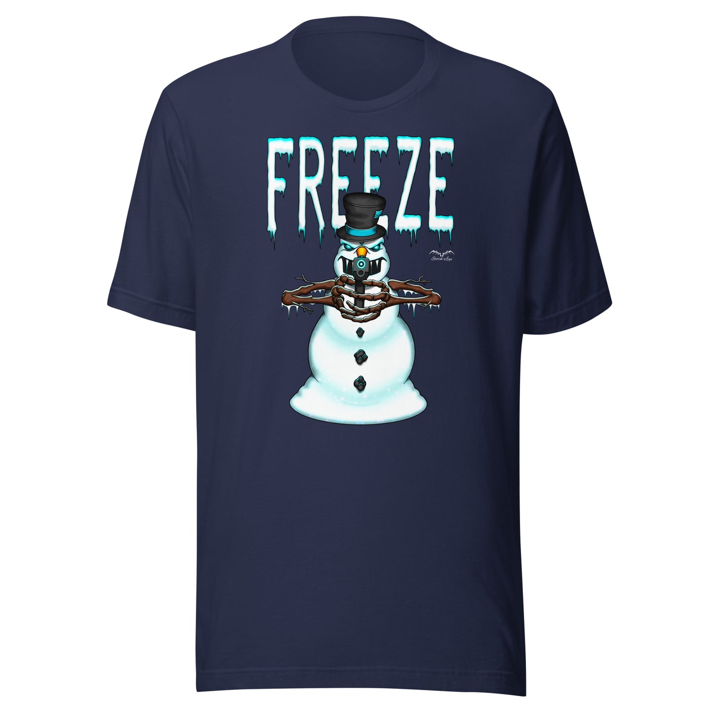 stormseye design mr freeze alternative christmas T shirt, flat view navy blue