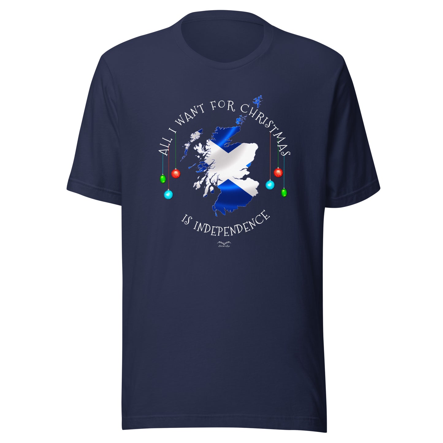 stormseye design christmas scottish independence T shirt, flat view navy blue