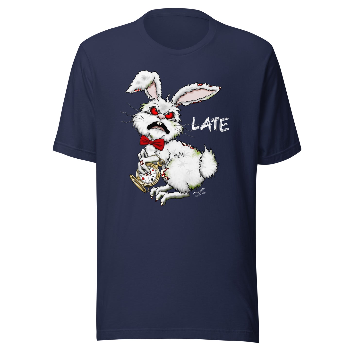 Stormseye Design zombie bunny t shirt, flat view navy blue