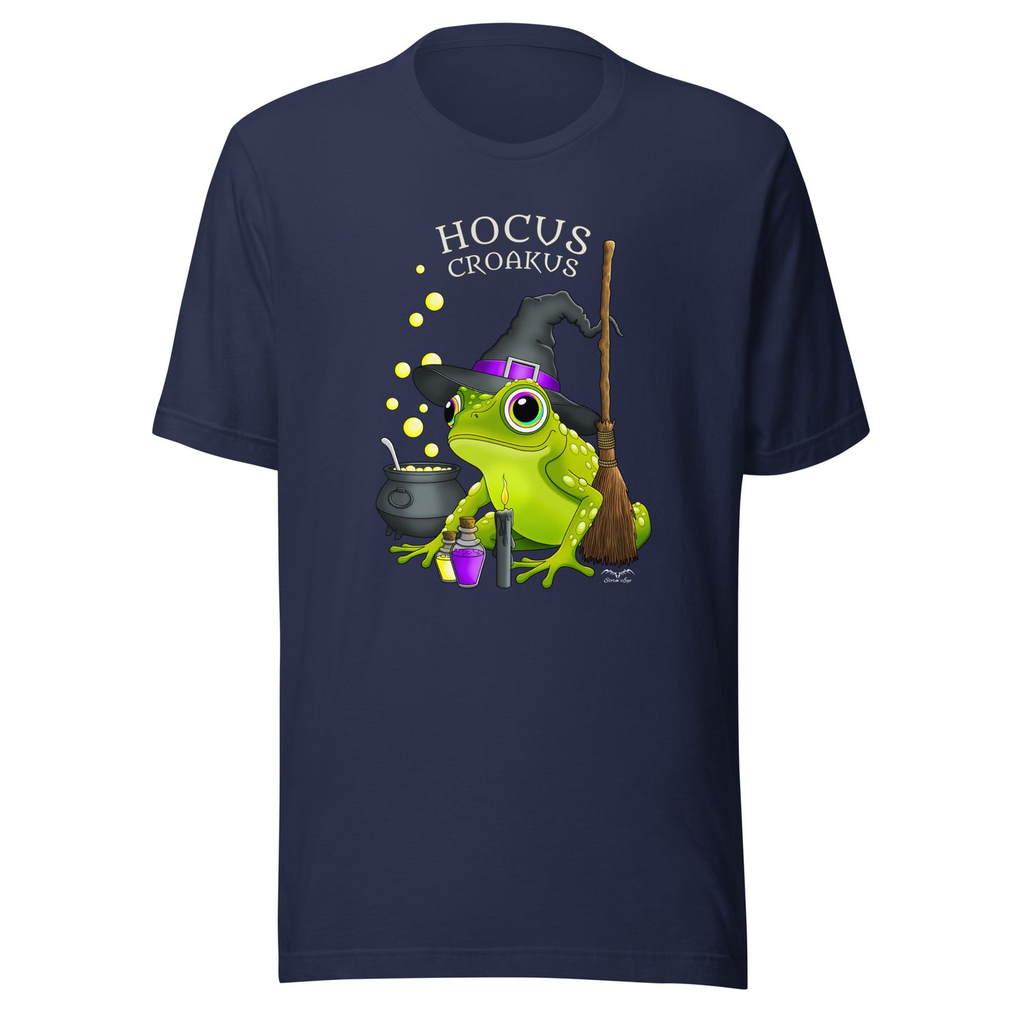 stormseye design witch frog hocus croakus T shirt, flat view navy blue