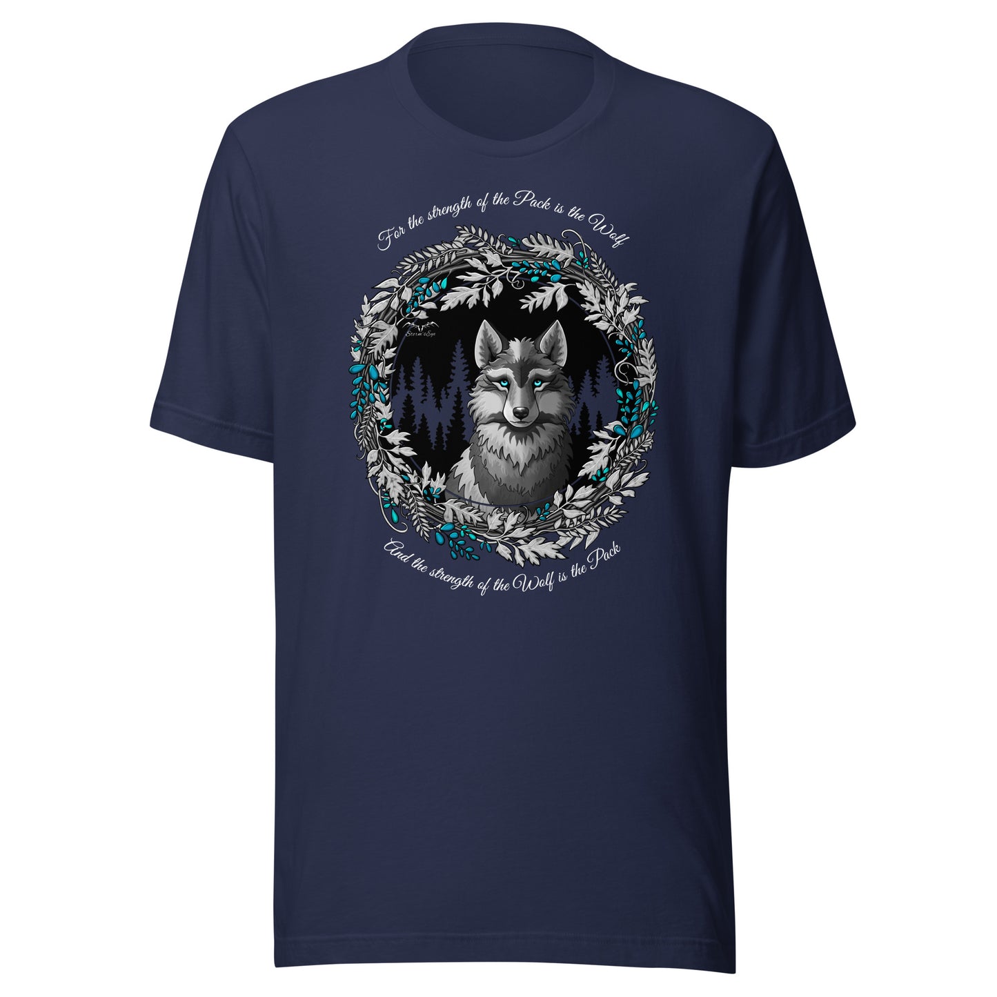 Stormseye Design silver winter wolf T shirt flat view navy blue