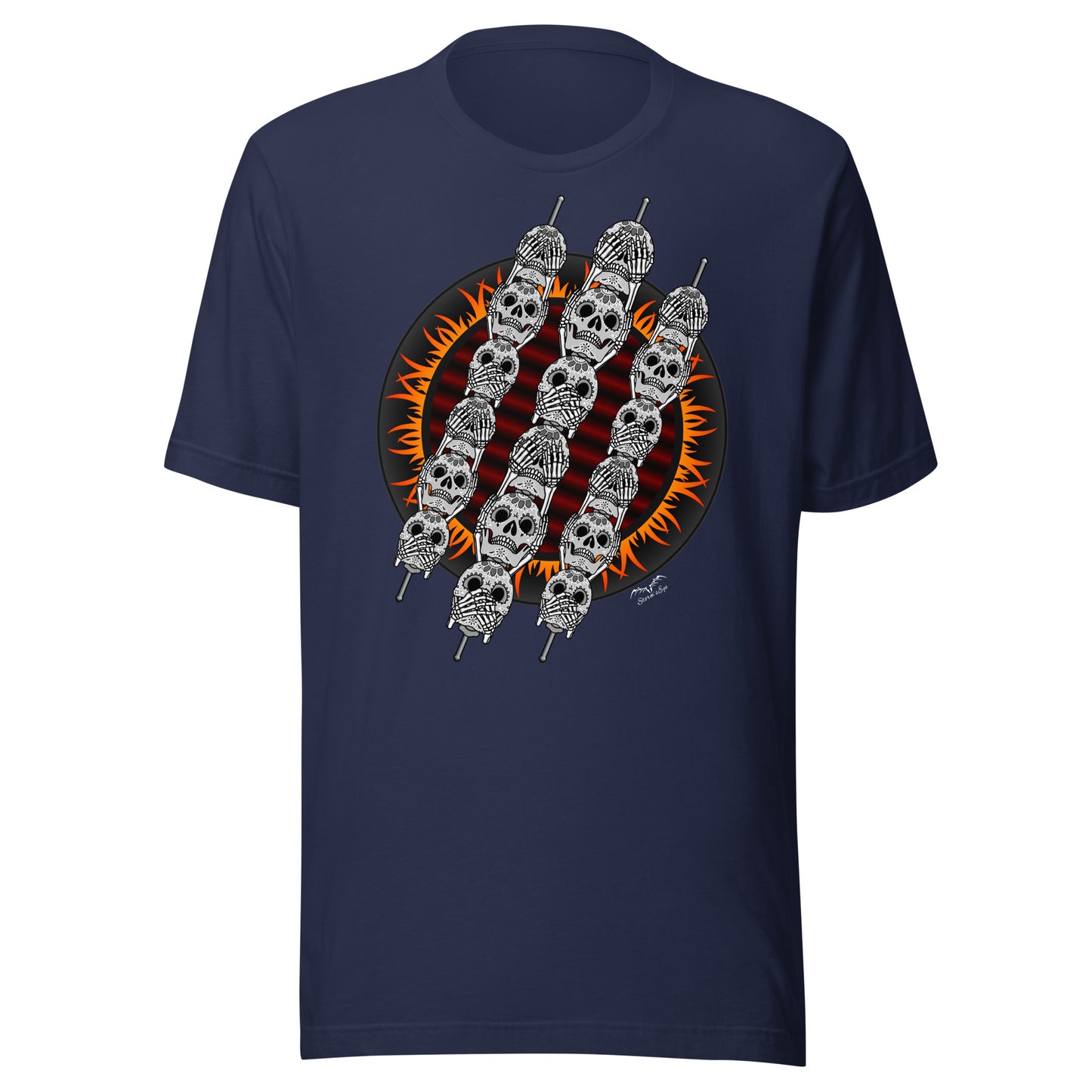 stormseye design skewer skulls gothic BBQ T shirt, modelled view navy blue