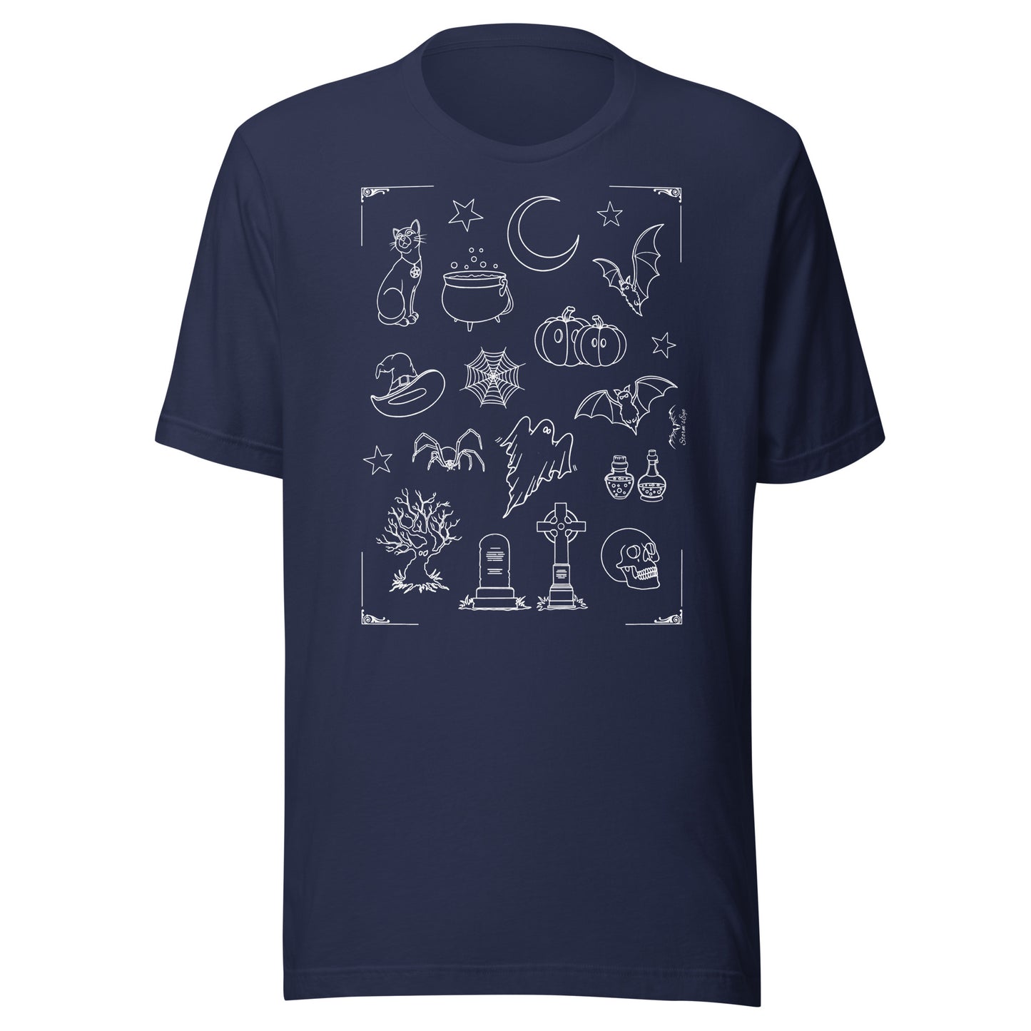 stormseye design halloween vibe spooky T shirt flat view navy blue