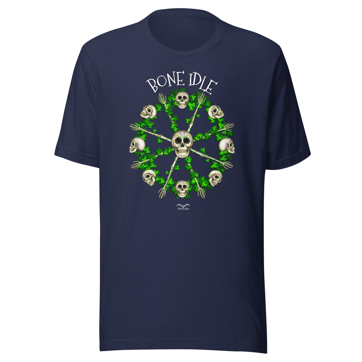 stormseye design bone idle sugar skulls T shirt flat view navy blue