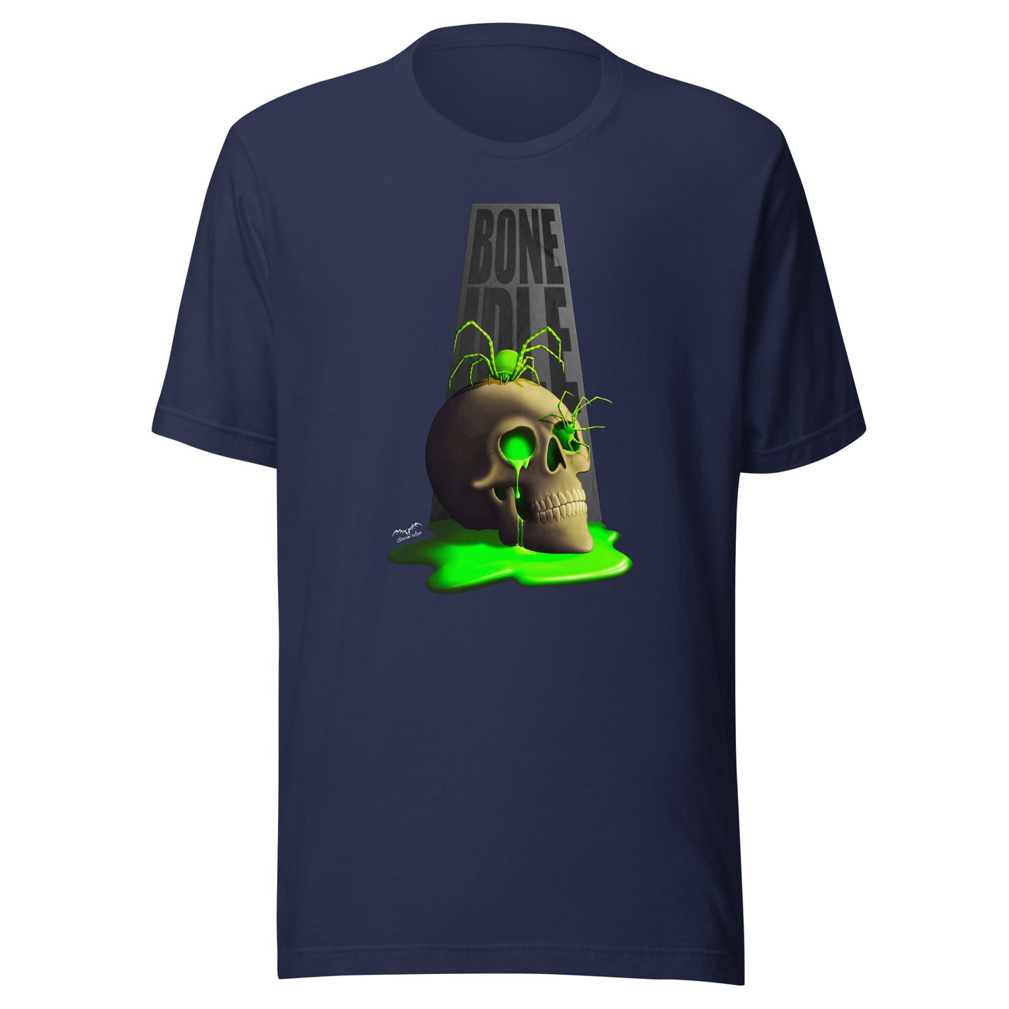 stormseye design bone idle skull and spiders T shirt flat view navy blue
