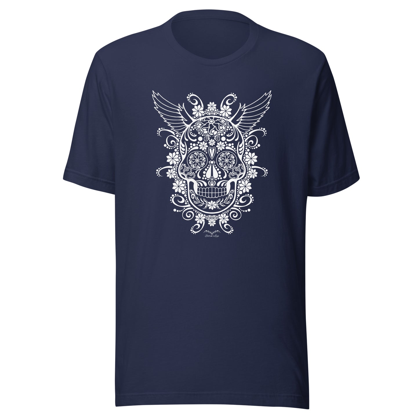 stormseye design gothic sugar skull T shirt flat view navy blue