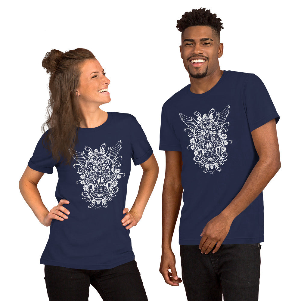 stormseye design gothic sugar skull T shirt modelled view navy blue