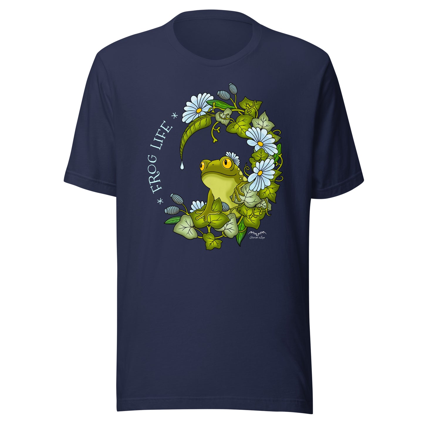 stormseye design frog life T shirt, flat view navy blue