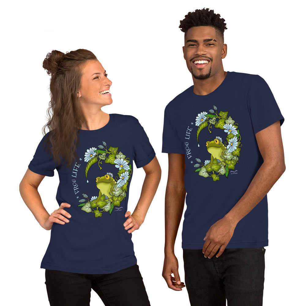 stormseye design frog life T shirt, modelled view navy blue