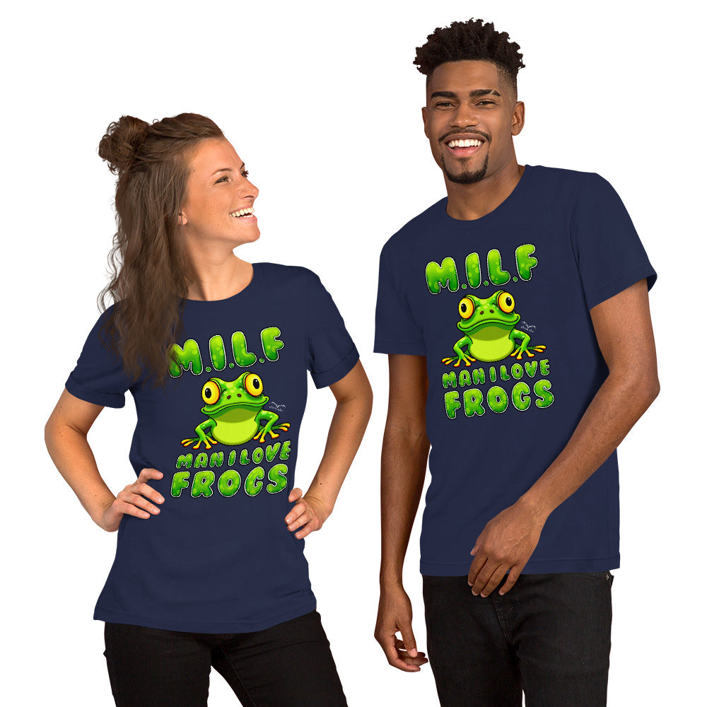 stormseye design milf man i love frogs T shirt, modelled view navy blue