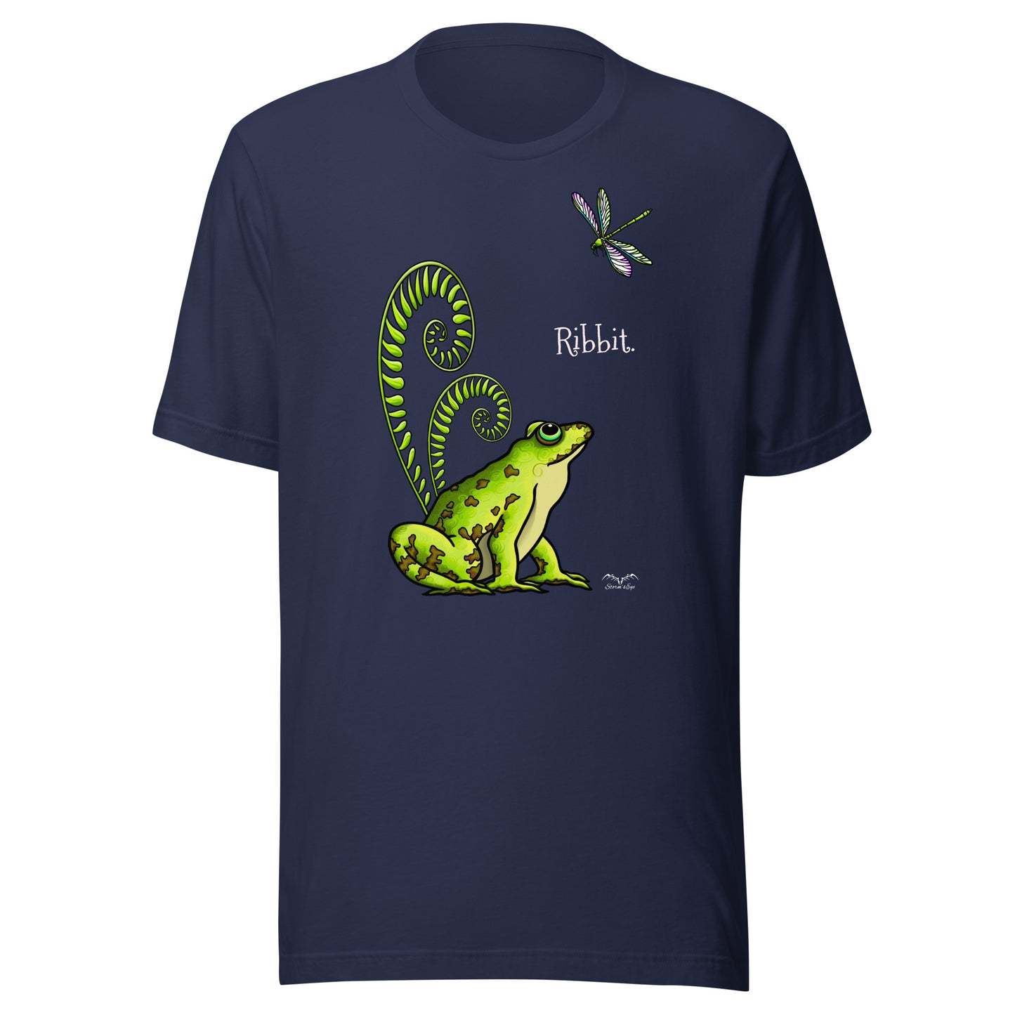 stormseye design pretty frog dragonfly T shirt, flat view navy blue