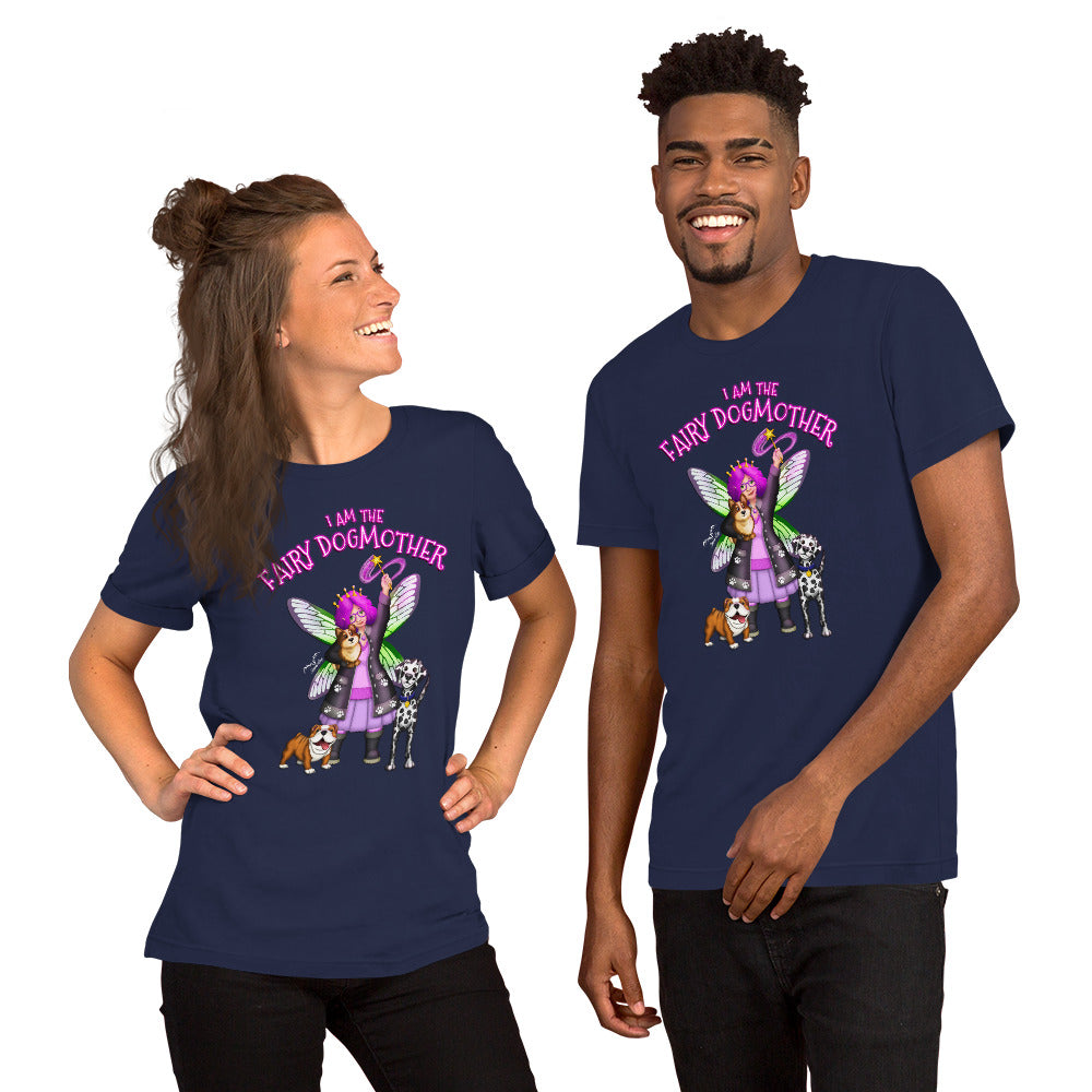 stormseye design fairy dog mother T shirt, modelled view navy