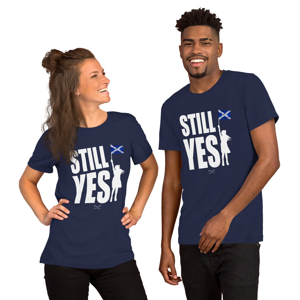 Still Yes Scottish Independence shirt by Stormseye, navy blue modelled view