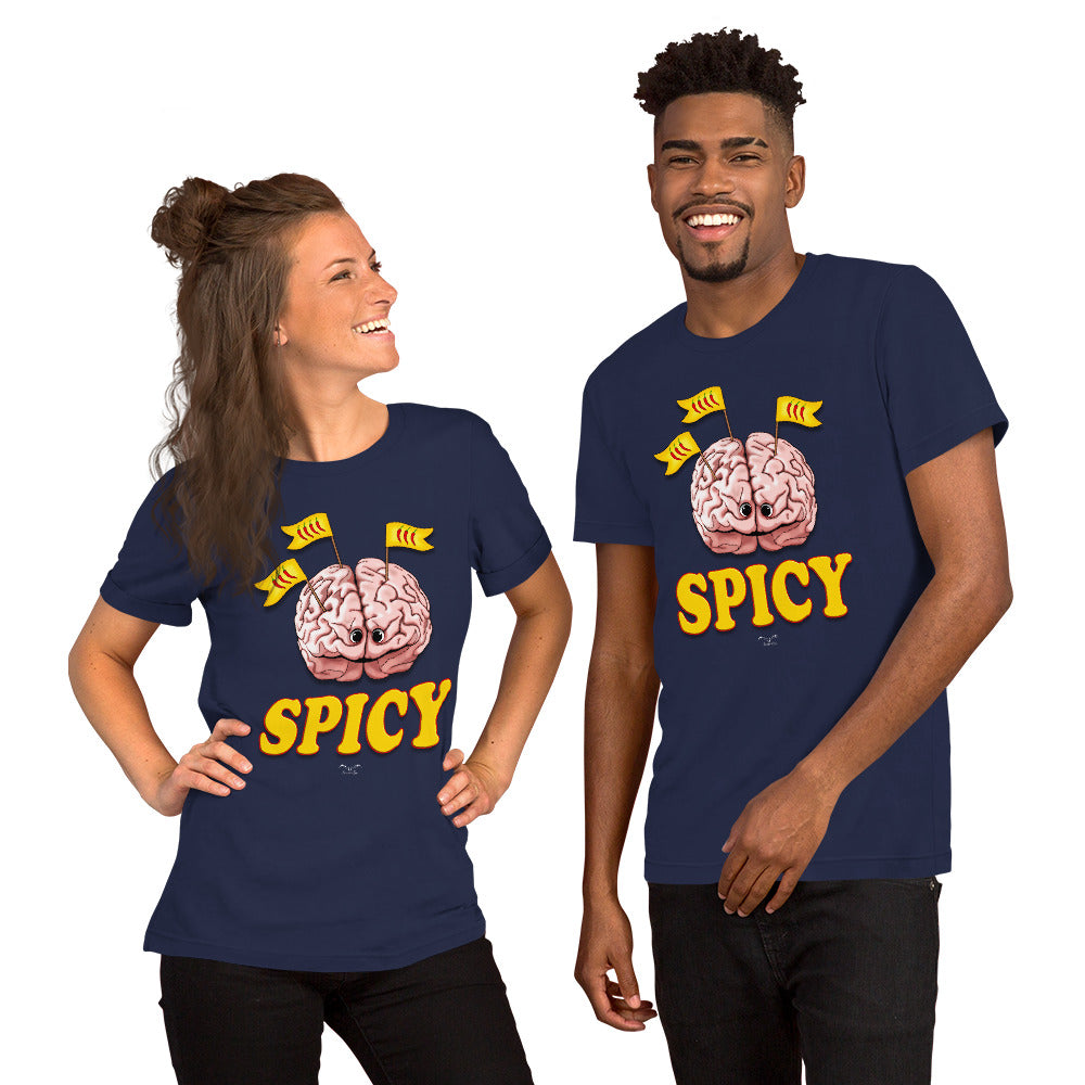 Funny Spicy Brain T-shirt by Stormseye, navy blue, modelled view
