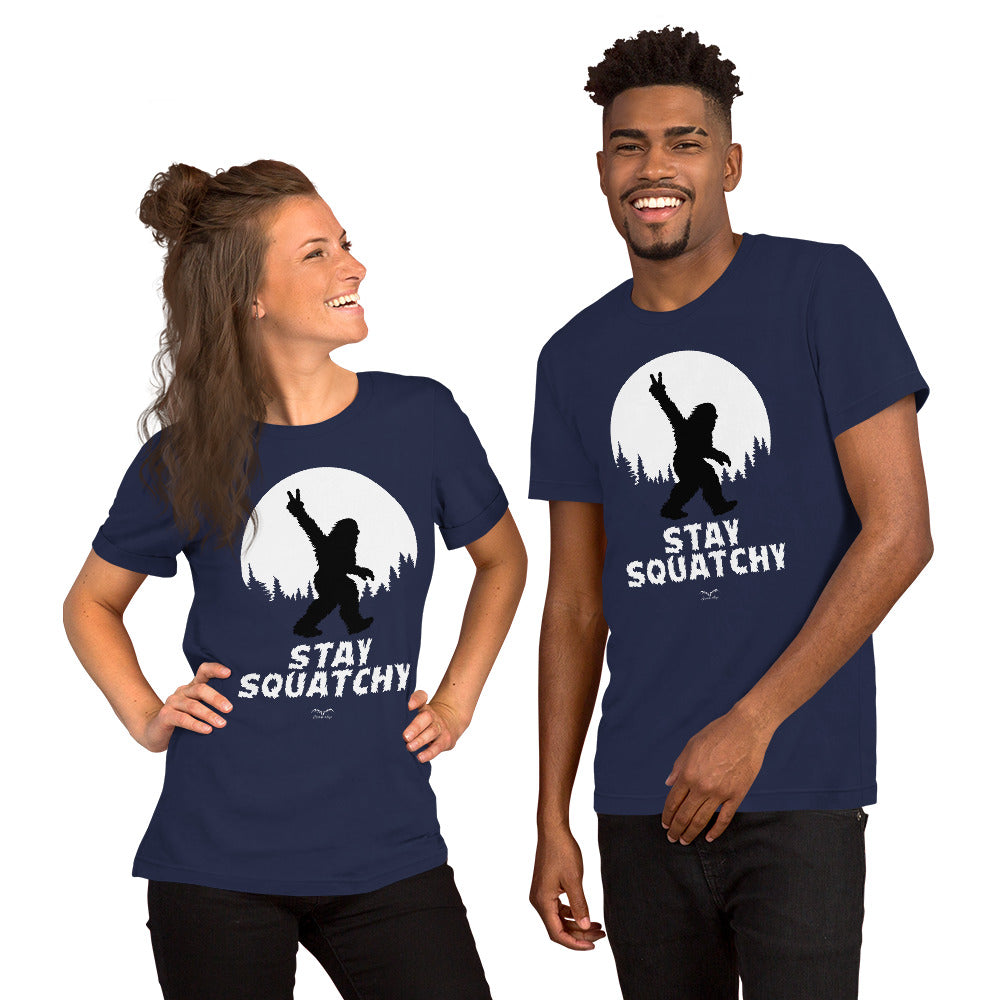 Stay Squatchy Bigfoot shirt by Stormseye, navy blue, modelled view