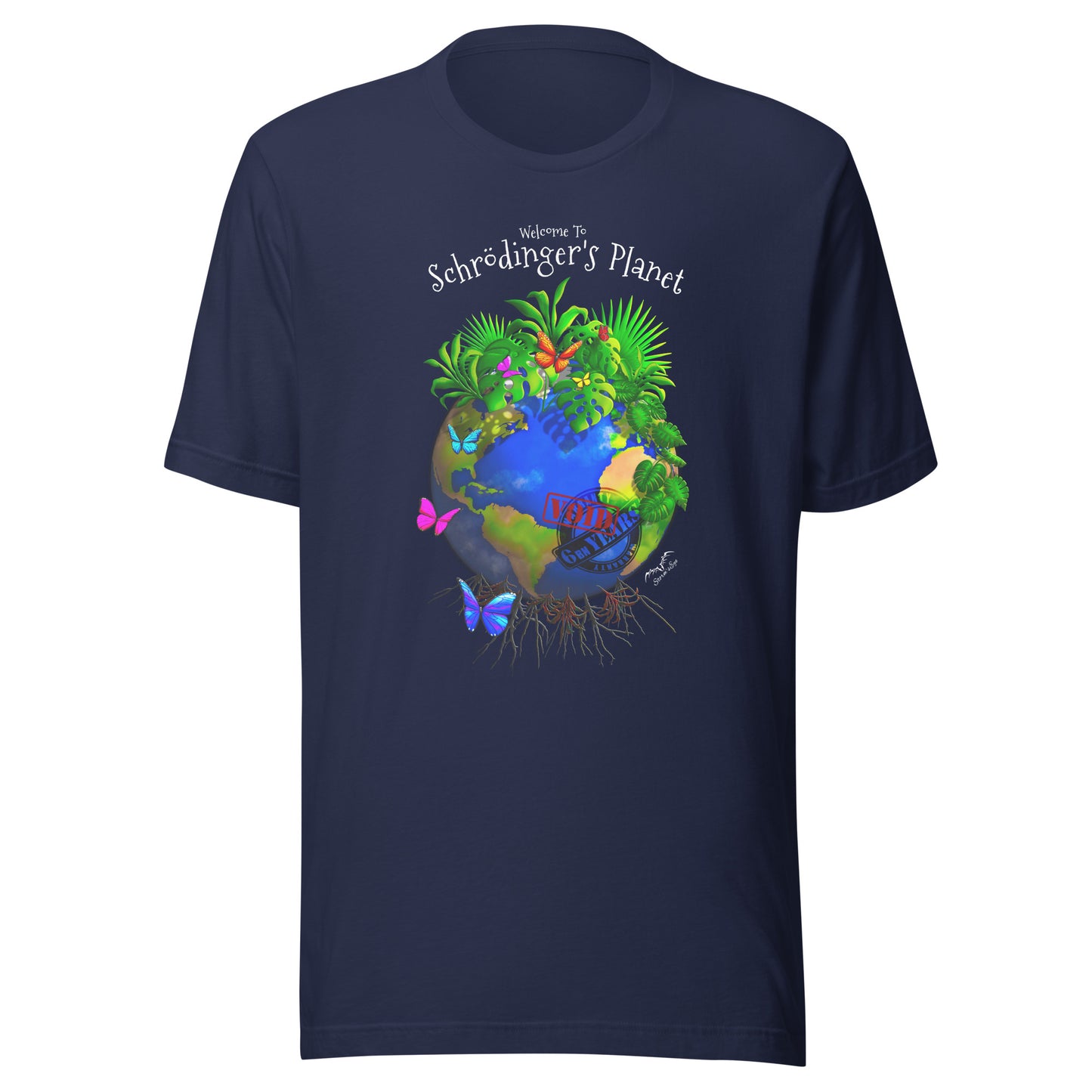 Schrodinger's Planet climate change shirt by Stormseye, navy blue